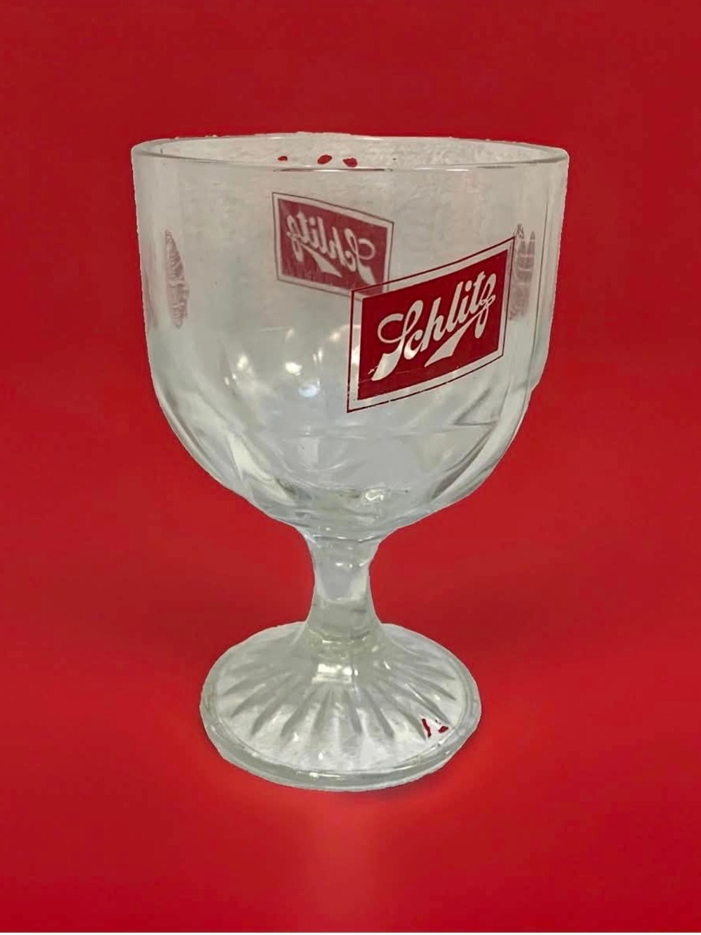 Red Schlitz Beer Goblet Glass - 6” stemmed vintage